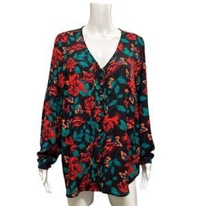 Torrid Red Floral Button Front Long Sleeve Blouse Size L